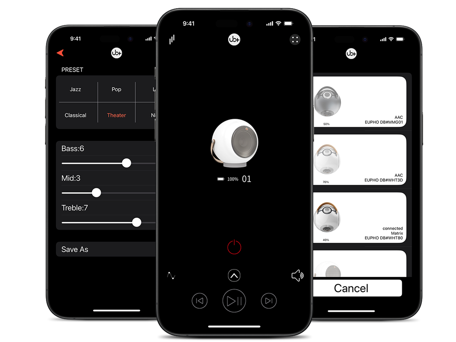 UB+ wireless Bluetooth speaker mobile app interface