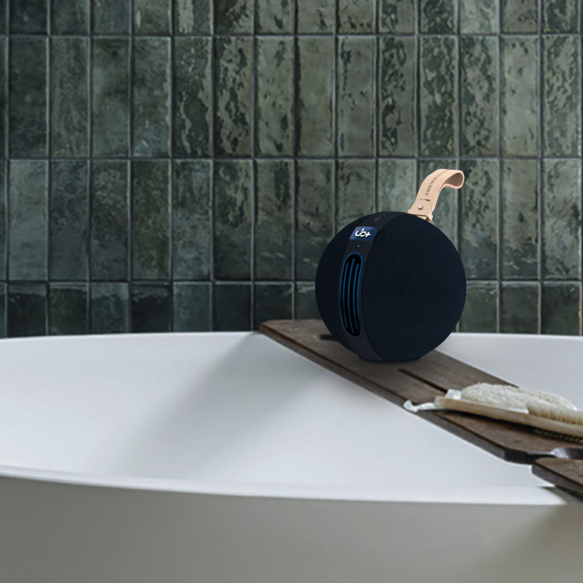S1 Circle UB+ Bluetooth circle speaker in a bathroom highlighting its water resistant design