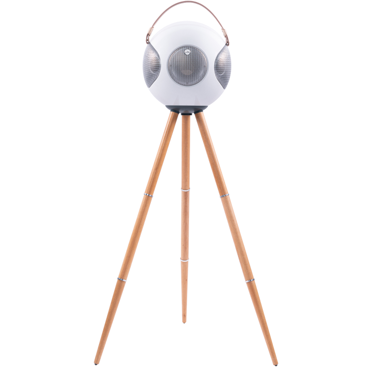 S2+ ALPHORN Bluetooth circle speaker in a white background and attached to a tripod