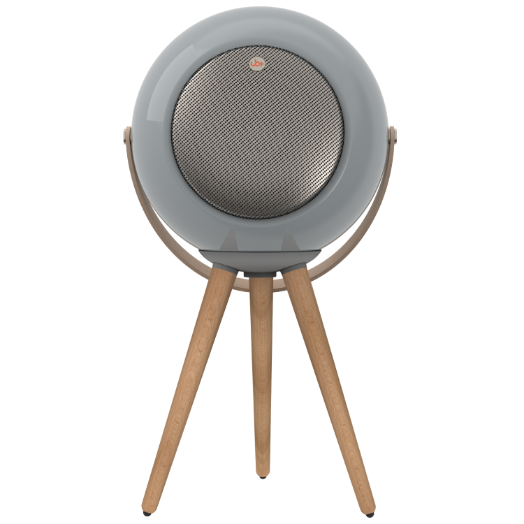 E2+ SOLACE circle Bluetooth speaker in a white background and attached to a tripod. 