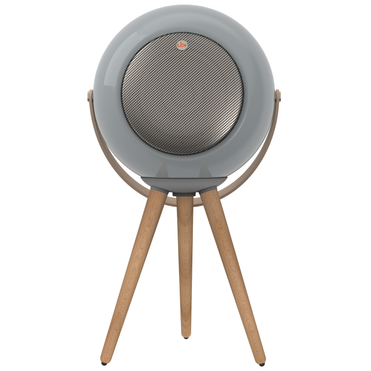 E2+ SOLACE circle Bluetooth speaker in a white background and attached to a tripod.