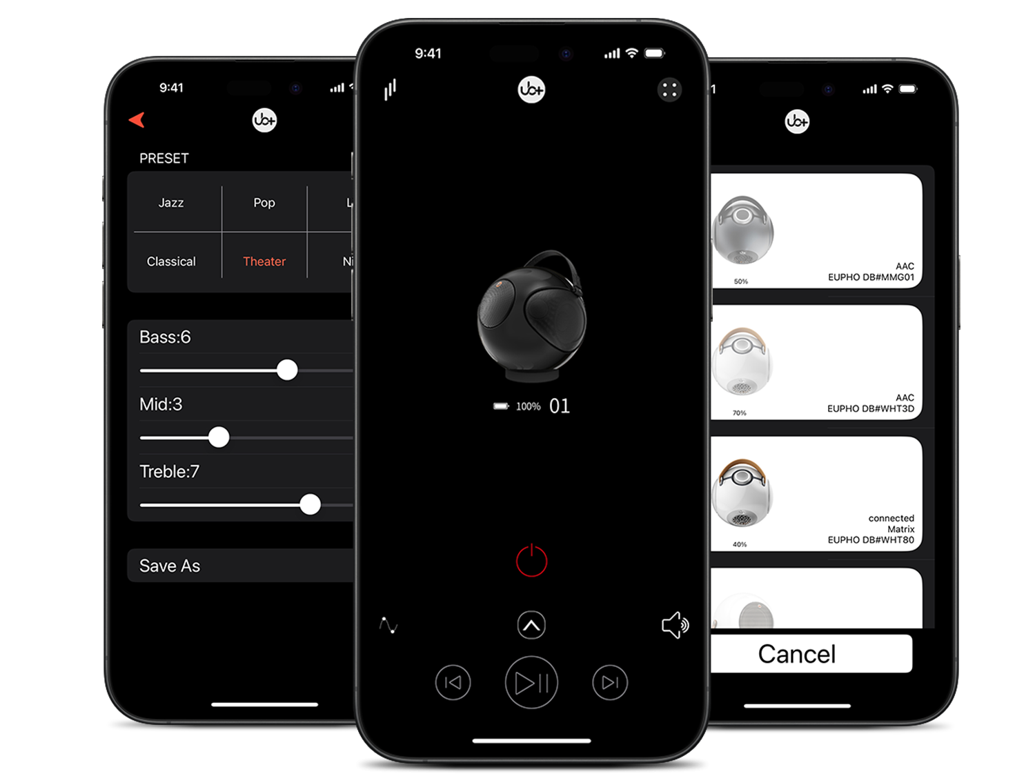 UB+ wireless Bluetooth speaker mobile app interface