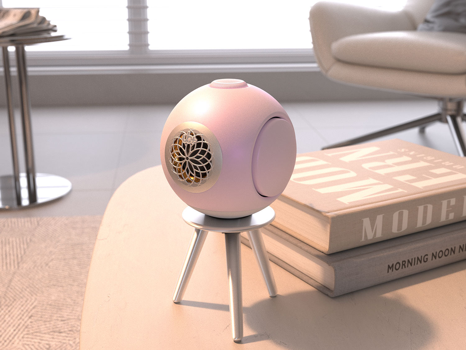 UB+ wireless Bluetooth speaker on a small tripod stand in a bright living room