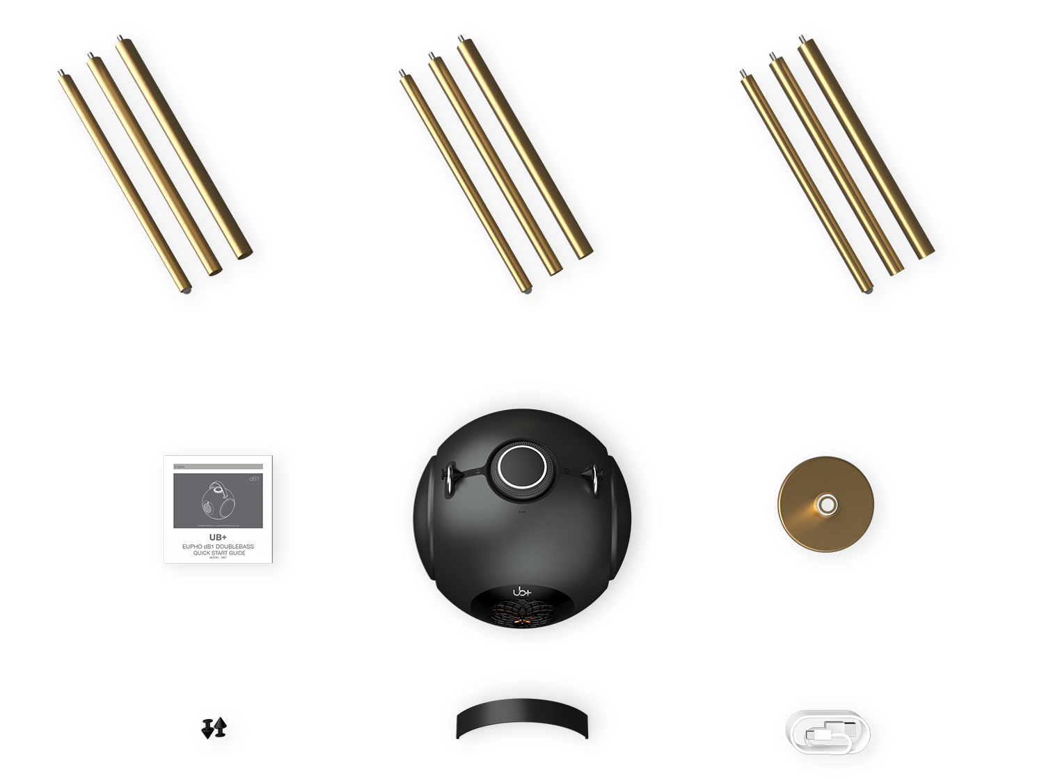 UB+ dB1 round portable bluetooth speaker with metallic components including a circular base and multiple cylindrical rods