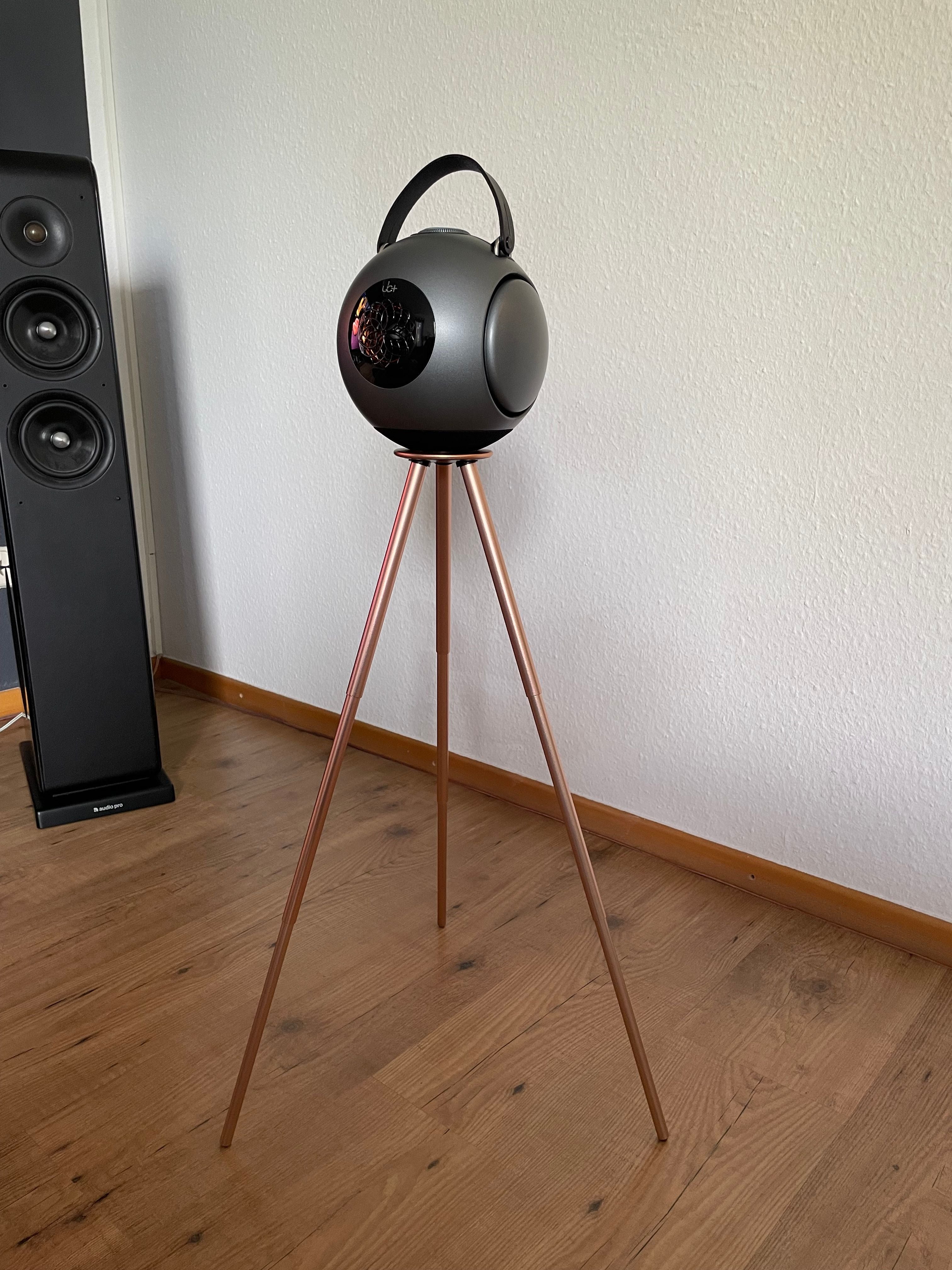 UB+ DB1 Doublebass round portable bluetooth speaker on a Tall Tripod Stand